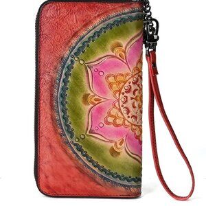Genuine Leather Women's Wallet Flower Pattern Wristlet Long Wallet Card Holder R